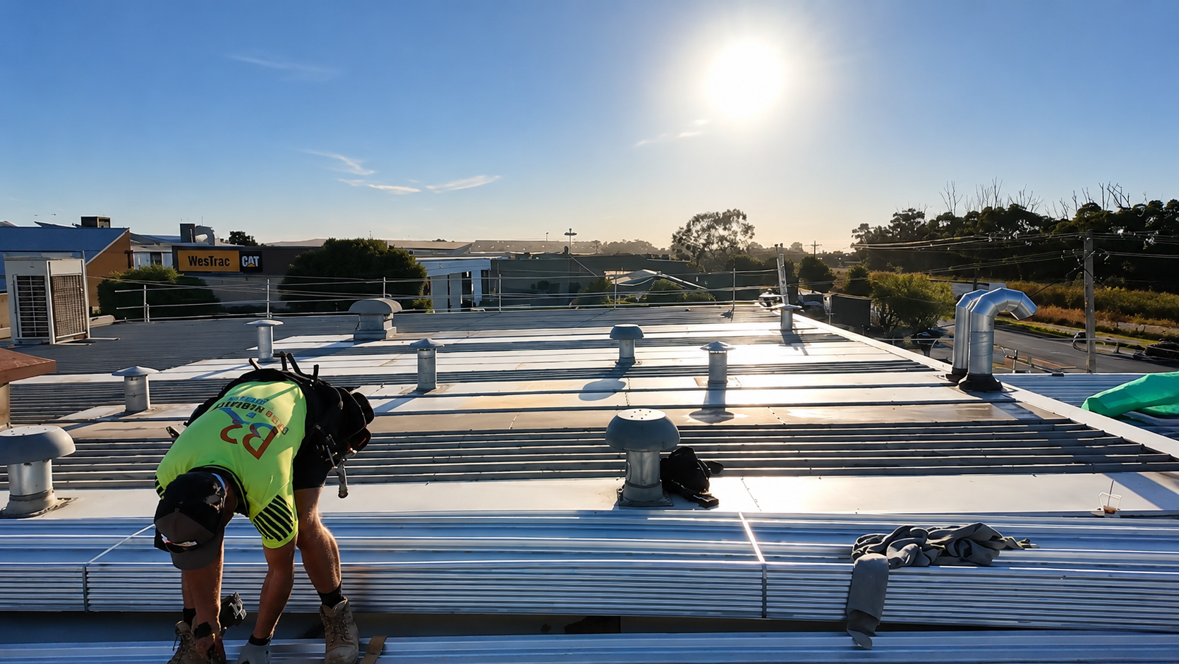 BB Building Services crew re-roofing a commercial building in NSW at sunset