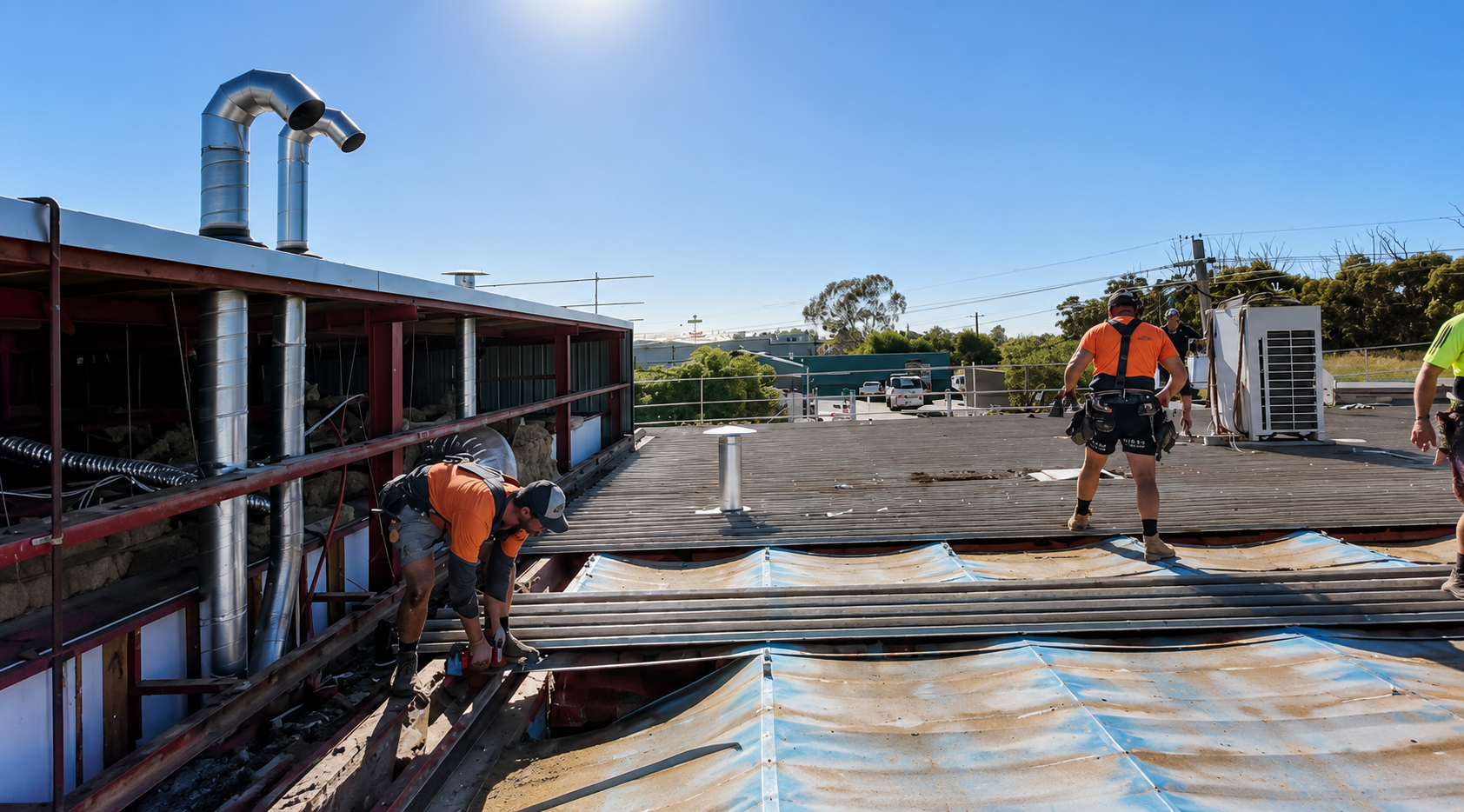 Commercial re-roof in progress on a building with rooftop plant in regional NSW